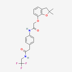 molecular formula C22H23F3N2O4 B2640121 2-((2,2-dimethyl-2,3-dihydrobenzofuran-7-yl)oxy)-N-(4-(2-oxo-2-((2,2,2-trifluoroethyl)amino)ethyl)phenyl)acetamide CAS No. 1331281-27-6