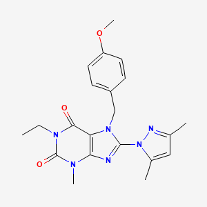 molecular formula C21H24N6O3 B2640143 8-(3,5-dimethyl-1H-pyrazol-1-yl)-1-ethyl-7-(4-methoxybenzyl)-3-methyl-1H-purine-2,6(3H,7H)-dione CAS No. 1172921-77-5