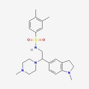 molecular formula C24H34N4O2S B2640148 3,4-dimethyl-N-(2-(1-methylindolin-5-yl)-2-(4-methylpiperazin-1-yl)ethyl)benzenesulfonamide CAS No. 946242-03-1