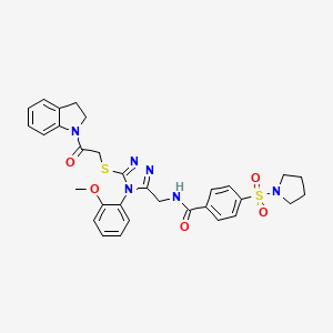 molecular formula C31H32N6O5S2 B2640156 N-((5-((2-(indolin-1-yl)-2-oxoethyl)thio)-4-(2-methoxyphenyl)-4H-1,2,4-triazol-3-yl)methyl)-4-(pyrrolidin-1-ylsulfonyl)benzamide CAS No. 310449-25-3