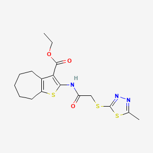 molecular formula C17H21N3O3S3 B2640188 ethyl 2-({[(5-methyl-1,3,4-thiadiazol-2-yl)thio]acetyl}amino)-5,6,7,8-tetrahydro-4H-cyclohepta[b]thiophene-3-carboxylate CAS No. 511282-14-7