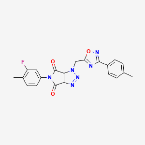 molecular formula C21H17FN6O3 B2640269 5-(3-fluoro-4-methylphenyl)-1-((3-(p-tolyl)-1,2,4-oxadiazol-5-yl)methyl)-1,6a-dihydropyrrolo[3,4-d][1,2,3]triazole-4,6(3aH,5H)-dione CAS No. 1172713-17-5