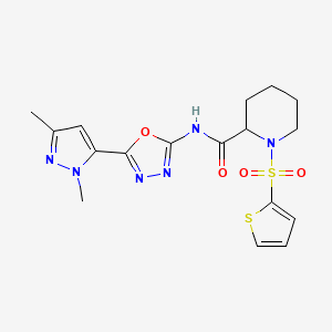molecular formula C17H20N6O4S2 B2640289 N-(5-(1,3-dimethyl-1H-pyrazol-5-yl)-1,3,4-oxadiazol-2-yl)-1-(thiophen-2-ylsulfonyl)piperidine-2-carboxamide CAS No. 1214677-57-2
