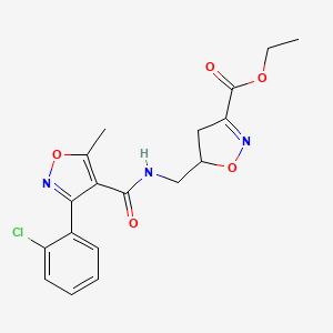 molecular formula C18H18ClN3O5 B2640765 Ethyl 5-[({[3-(2-chlorophenyl)-5-methyl-4-isoxazolyl]carbonyl}amino)methyl]-4,5-dihydro-3-isoxazolecarboxylate CAS No. 321432-32-0