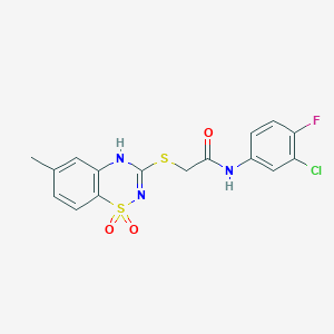 molecular formula C16H13ClFN3O3S2 B2641043 N-(3-chloro-4-fluorophenyl)-2-[(6-methyl-1,1-dioxo-4H-1lambda6,2,4-benzothiadiazin-3-yl)sulfanyl]acetamide CAS No. 899965-39-0