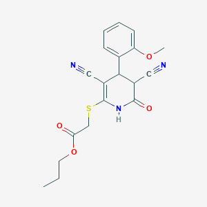 molecular formula C19H19N3O4S B2641126 propyl 2-{[3,5-dicyano-4-(2-methoxyphenyl)-6-oxo-1,4,5,6-tetrahydropyridin-2-yl]sulfanyl}acetate CAS No. 375363-29-4