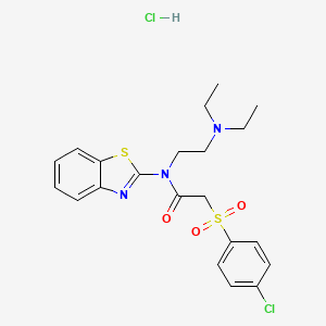 molecular formula C21H25Cl2N3O3S2 B2641270 N-(1,3-BENZOTHIAZOL-2-YL)-2-(4-CHLOROBENZENESULFONYL)-N-[2-(DIETHYLAMINO)ETHYL]ACETAMIDE HYDROCHLORIDE CAS No. 1215605-15-4