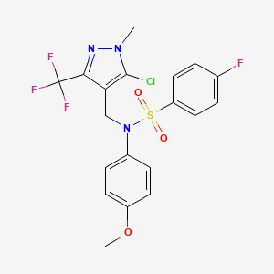 molecular formula C19H16ClF4N3O3S B2641328 N-{[5-chloro-1-methyl-3-(trifluoromethyl)-1H-pyrazol-4-yl]methyl}-4-fluoro-N-(4-methoxyphenyl)benzenesulfonamide CAS No. 955975-51-6