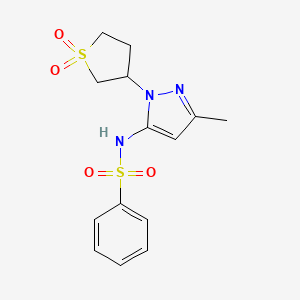 molecular formula C14H17N3O4S2 B2641381 N-(1-(1,1-dioxidotetrahydrothiophen-3-yl)-3-methyl-1H-pyrazol-5-yl)benzenesulfonamide CAS No. 1170915-50-0