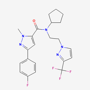 molecular formula C22H23F4N5O B2641671 N-cyclopentyl-3-(4-fluorophenyl)-1-methyl-N-(2-(3-(trifluoromethyl)-1H-pyrazol-1-yl)ethyl)-1H-pyrazole-5-carboxamide CAS No. 2034554-87-3