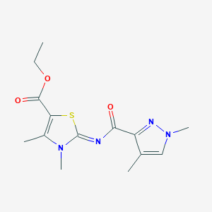 molecular formula C14H18N4O3S B2641707 (E)-ethyl 2-((1,4-dimethyl-1H-pyrazole-3-carbonyl)imino)-3,4-dimethyl-2,3-dihydrothiazole-5-carboxylate CAS No. 1203432-42-1