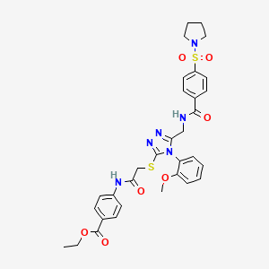 molecular formula C32H34N6O7S2 B2641885 ethyl 4-(2-((4-(2-methoxyphenyl)-5-((4-(pyrrolidin-1-ylsulfonyl)benzamido)methyl)-4H-1,2,4-triazol-3-yl)thio)acetamido)benzoate CAS No. 310449-22-0