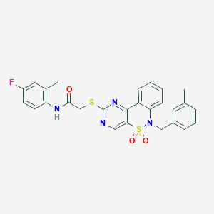 molecular formula C27H23FN4O3S2 B2641886 N-(4-fluoro-2-methylphenyl)-2-((6-(3-methylbenzyl)-5,5-dioxido-6H-benzo[c]pyrimido[4,5-e][1,2]thiazin-2-yl)thio)acetamide CAS No. 932313-96-7