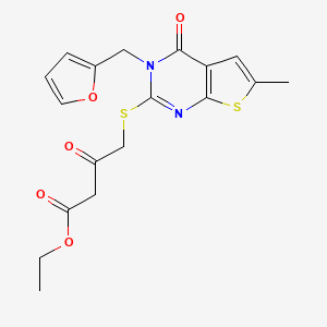 molecular formula C18H18N2O5S2 B2642288 ethyl 4-({3-[(furan-2-yl)methyl]-6-methyl-4-oxo-3H,4H-thieno[2,3-d]pyrimidin-2-yl}sulfanyl)-3-oxobutanoate CAS No. 717830-08-5
