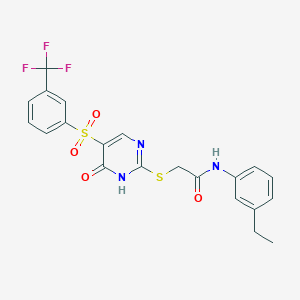 molecular formula C21H18F3N3O4S2 B2642365 N-(3-ethylphenyl)-2-((6-oxo-5-((3-(trifluoromethyl)phenyl)sulfonyl)-1,6-dihydropyrimidin-2-yl)thio)acetamide CAS No. 946386-08-9
