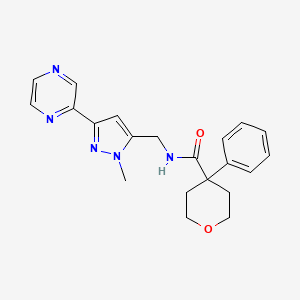 molecular formula C21H23N5O2 B2642576 N-{[1-methyl-3-(pyrazin-2-yl)-1H-pyrazol-5-yl]methyl}-4-phenyloxane-4-carboxamide CAS No. 2034288-45-2