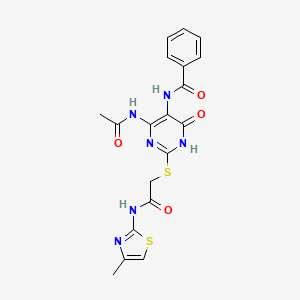 molecular formula C19H18N6O4S2 B2642709 N-(4-acetamido-2-((2-((4-methylthiazol-2-yl)amino)-2-oxoethyl)thio)-6-oxo-1,6-dihydropyrimidin-5-yl)benzamide CAS No. 872608-70-3