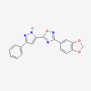 molecular formula C18H12N4O3 B2642759 3-(benzo[d][1,3]dioxol-5-yl)-5-(3-phenyl-1H-pyrazol-5-yl)-1,2,4-oxadiazole CAS No. 1187446-98-5