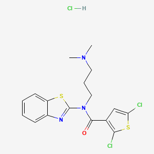 molecular formula C17H18Cl3N3OS2 B2642815 N-(1,3-BENZOTHIAZOL-2-YL)-2,5-DICHLORO-N-[3-(DIMETHYLAMINO)PROPYL]THIOPHENE-3-CARBOXAMIDE HYDROCHLORIDE CAS No. 1216796-33-6