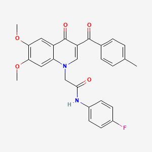molecular formula C27H23FN2O5 B2642863 2-[6,7-DIMETHOXY-3-(4-METHYLBENZOYL)-4-OXO-1,4-DIHYDROQUINOLIN-1-YL]-N-(4-FLUOROPHENYL)ACETAMIDE CAS No. 866590-46-7
