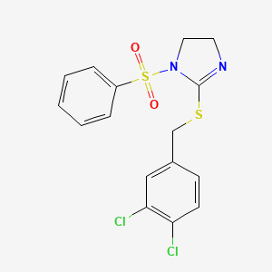 molecular formula C16H14Cl2N2O2S2 B2643131 1-(benzenesulfonyl)-2-{[(3,4-dichlorophenyl)methyl]sulfanyl}-4,5-dihydro-1H-imidazole CAS No. 868218-38-6