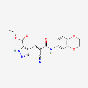 molecular formula C18H16N4O5 B2643136 ethyl 4-{2-cyano-2-[(2,3-dihydro-1,4-benzodioxin-6-yl)carbamoyl]eth-1-en-1-yl}-1H-pyrazole-5-carboxylate CAS No. 1415138-97-4