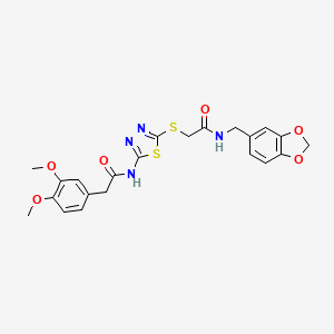 molecular formula C22H22N4O6S2 B2643252 N-(benzo[d][1,3]dioxol-5-ylmethyl)-2-((5-(2-(3,4-dimethoxyphenyl)acetamido)-1,3,4-thiadiazol-2-yl)thio)acetamide CAS No. 887208-95-9