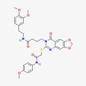 molecular formula C32H34N4O8S B2643389 N-[2-(3,4-dimethoxyphenyl)ethyl]-4-[6-({[(4-methoxyphenyl)carbamoyl]methyl}sulfanyl)-8-oxo-2H,7H,8H-[1,3]dioxolo[4,5-g]quinazolin-7-yl]butanamide CAS No. 688060-69-7