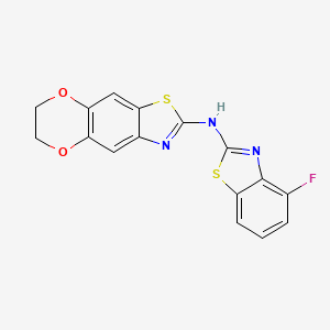 molecular formula C16H10FN3O2S2 B2643699 N-(4-fluoro-1,3-benzothiazol-2-yl)-10,13-dioxa-4-thia-6-azatricyclo[7.4.0.0^{3,7}]trideca-1,3(7),5,8-tetraen-5-amine CAS No. 862976-98-5