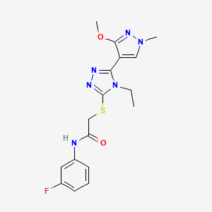 molecular formula C17H19FN6O2S B2643799 2-((4-ethyl-5-(3-methoxy-1-methyl-1H-pyrazol-4-yl)-4H-1,2,4-triazol-3-yl)thio)-N-(3-fluorophenyl)acetamide CAS No. 1014054-22-8