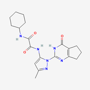molecular formula C19H24N6O3 B2643843 N1-cyclohexyl-N2-(3-methyl-1-(4-oxo-4,5,6,7-tetrahydro-3H-cyclopenta[d]pyrimidin-2-yl)-1H-pyrazol-5-yl)oxalamide CAS No. 1014046-90-2