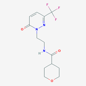 molecular formula C13H16F3N3O3 B2644323 N-{2-[6-oxo-3-(trifluoromethyl)-1,6-dihydropyridazin-1-yl]ethyl}oxane-4-carboxamide CAS No. 2415634-74-9