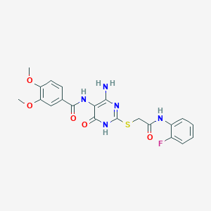 molecular formula C21H20FN5O5S B2644328 N-(4-amino-2-((2-((2-fluorophenyl)amino)-2-oxoethyl)thio)-6-oxo-1,6-dihydropyrimidin-5-yl)-3,4-dimethoxybenzamide CAS No. 868227-01-4