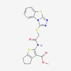 molecular formula C19H16N4O3S3 B2644395 methyl 2-(2-{7-thia-2,4,5-triazatricyclo[6.4.0.0^{2,6}]dodeca-1(8),3,5,9,11-pentaen-3-ylsulfanyl}acetamido)-4H,5H,6H-cyclopenta[b]thiophene-3-carboxylate CAS No. 314261-40-0