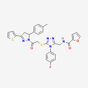 molecular formula C30H25FN6O3S2 B2644542 N-{[4-(4-fluorophenyl)-5-({2-[5-(4-methylphenyl)-3-(thiophen-2-yl)-4,5-dihydro-1H-pyrazol-1-yl]-2-oxoethyl}sulfanyl)-4H-1,2,4-triazol-3-yl]methyl}furan-2-carboxamide CAS No. 393585-92-7