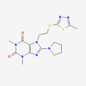 molecular formula C16H21N7O2S2 B2644620 1,3-dimethyl-7-(2-((5-methyl-1,3,4-thiadiazol-2-yl)thio)ethyl)-8-(pyrrolidin-1-yl)-1H-purine-2,6(3H,7H)-dione CAS No. 850914-52-2