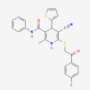 molecular formula C26H20FN3O2S2 B2644994 5-cyano-6-{[2-(4-fluorophenyl)-2-oxoethyl]sulfanyl}-2-methyl-N-phenyl-4-(thiophen-2-yl)-1,4-dihydropyridine-3-carboxamide CAS No. 330557-88-5