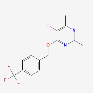 molecular formula C14H12F3IN2O B2645394 5-Iodo-2,4-dimethyl-6-{[4-(trifluoromethyl)benzyl]oxy}pyrimidine CAS No. 677749-38-1