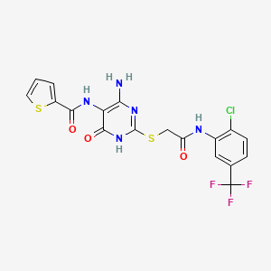 molecular formula C18H13ClF3N5O3S2 B2645485 N-(4-amino-2-((2-((2-chloro-5-(trifluoromethyl)phenyl)amino)-2-oxoethyl)thio)-6-oxo-1,6-dihydropyrimidin-5-yl)thiophene-2-carboxamide CAS No. 868225-67-6