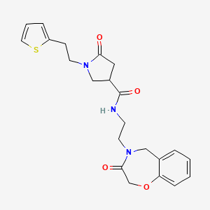 molecular formula C22H25N3O4S B2645556 5-oxo-N-(2-(3-oxo-2,3-dihydrobenzo[f][1,4]oxazepin-4(5H)-yl)ethyl)-1-(2-(thiophen-2-yl)ethyl)pyrrolidine-3-carboxamide CAS No. 1903875-86-4