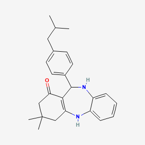 molecular formula C25H30N2O B2645709 14,14-dimethyl-10-[4-(2-methylpropyl)phenyl]-2,9-diazatricyclo[9.4.0.0^{3,8}]pentadeca-1(11),3(8),4,6-tetraen-12-one CAS No. 1024046-96-5