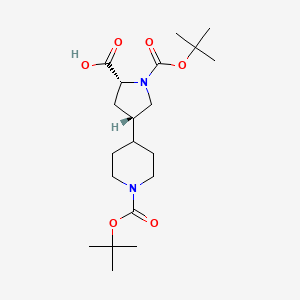 molecular formula C20H34N2O6 B2645891 (2R,4S)-1-[(2-Methylpropan-2-yl)oxycarbonyl]-4-[1-[(2-methylpropan-2-yl)oxycarbonyl]piperidin-4-yl]pyrrolidine-2-carboxylic acid CAS No. 2408937-55-1
