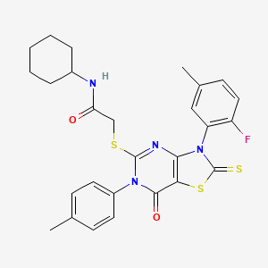 molecular formula C27H27FN4O2S3 B2646036 N-cyclohexyl-2-{[3-(2-fluoro-5-methylphenyl)-6-(4-methylphenyl)-7-oxo-2-sulfanylidene-2H,3H,6H,7H-[1,3]thiazolo[4,5-d]pyrimidin-5-yl]sulfanyl}acetamide CAS No. 422305-98-4