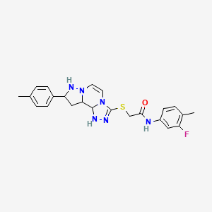 molecular formula C23H19FN6OS B2646056 N-(3-fluoro-4-methylphenyl)-2-{[11-(4-methylphenyl)-3,4,6,9,10-pentaazatricyclo[7.3.0.0^{2,6}]dodeca-1(12),2,4,7,10-pentaen-5-yl]sulfanyl}acetamide CAS No. 1223778-21-9