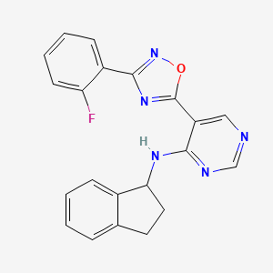 molecular formula C21H16FN5O B2646112 N-(2,3-dihydro-1H-inden-1-yl)-5-[3-(2-fluorophenyl)-1,2,4-oxadiazol-5-yl]pyrimidin-4-amine CAS No. 2034244-55-6