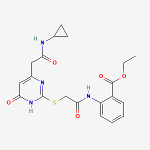molecular formula C20H22N4O5S B2646285 Ethyl 2-(2-((4-(2-(cyclopropylamino)-2-oxoethyl)-6-oxo-1,6-dihydropyrimidin-2-yl)thio)acetamido)benzoate CAS No. 1105217-54-6