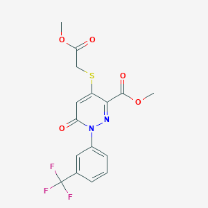 molecular formula C16H13F3N2O5S B2646338 Methyl 4-[(2-methoxy-2-oxoethyl)sulfanyl]-6-oxo-1-[3-(trifluoromethyl)phenyl]-1,6-dihydro-3-pyridazinecarboxylate CAS No. 338395-91-8