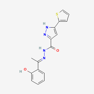 molecular formula C16H14N4O2S B2646401 (E)-N'-(1-(2-hydroxyphenyl)ethylidene)-3-(thiophen-2-yl)-1H-pyrazole-5-carbohydrazide CAS No. 1285513-69-0