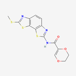 molecular formula C14H11N3O3S3 B2646663 N-[11-(methylsulfanyl)-3,12-dithia-5,10-diazatricyclo[7.3.0.0^{2,6}]dodeca-1(9),2(6),4,7,10-pentaen-4-yl]-5,6-dihydro-1,4-dioxine-2-carboxamide CAS No. 864938-15-8