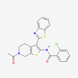 molecular formula C23H18ClN3O2S2 B2646673 N-[6-acetyl-3-(1,3-benzothiazol-2-yl)-4H,5H,6H,7H-thieno[2,3-c]pyridin-2-yl]-2-chlorobenzamide CAS No. 864859-95-0